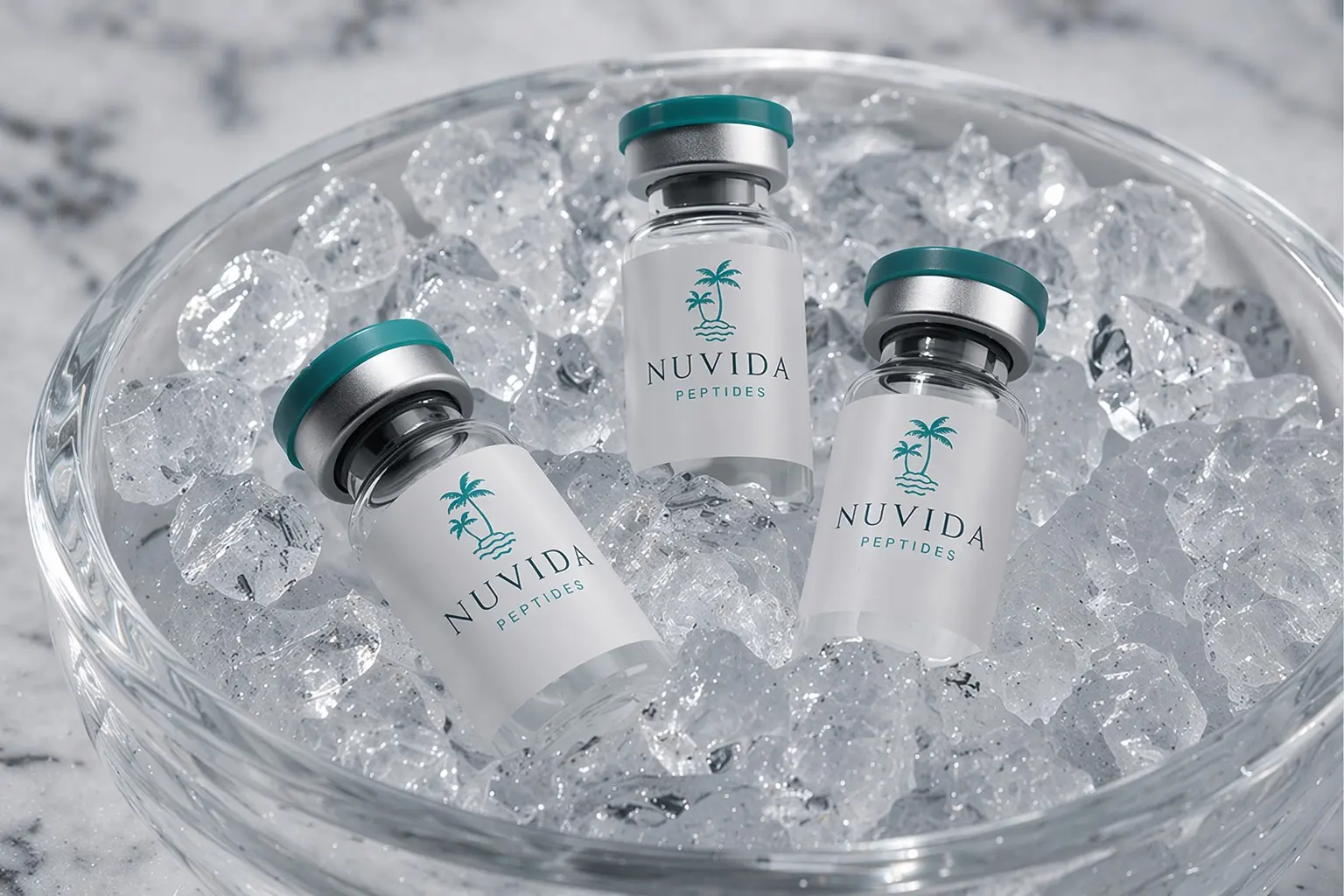 Official Nuvida peptide vials presented on ice